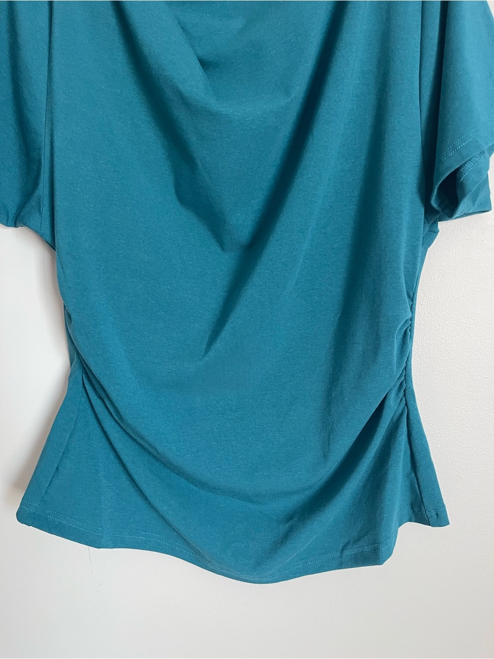 OGL | Teal Asymmetrical Cowl Neck Ruched Top Sz XL - Picture 7 of 11